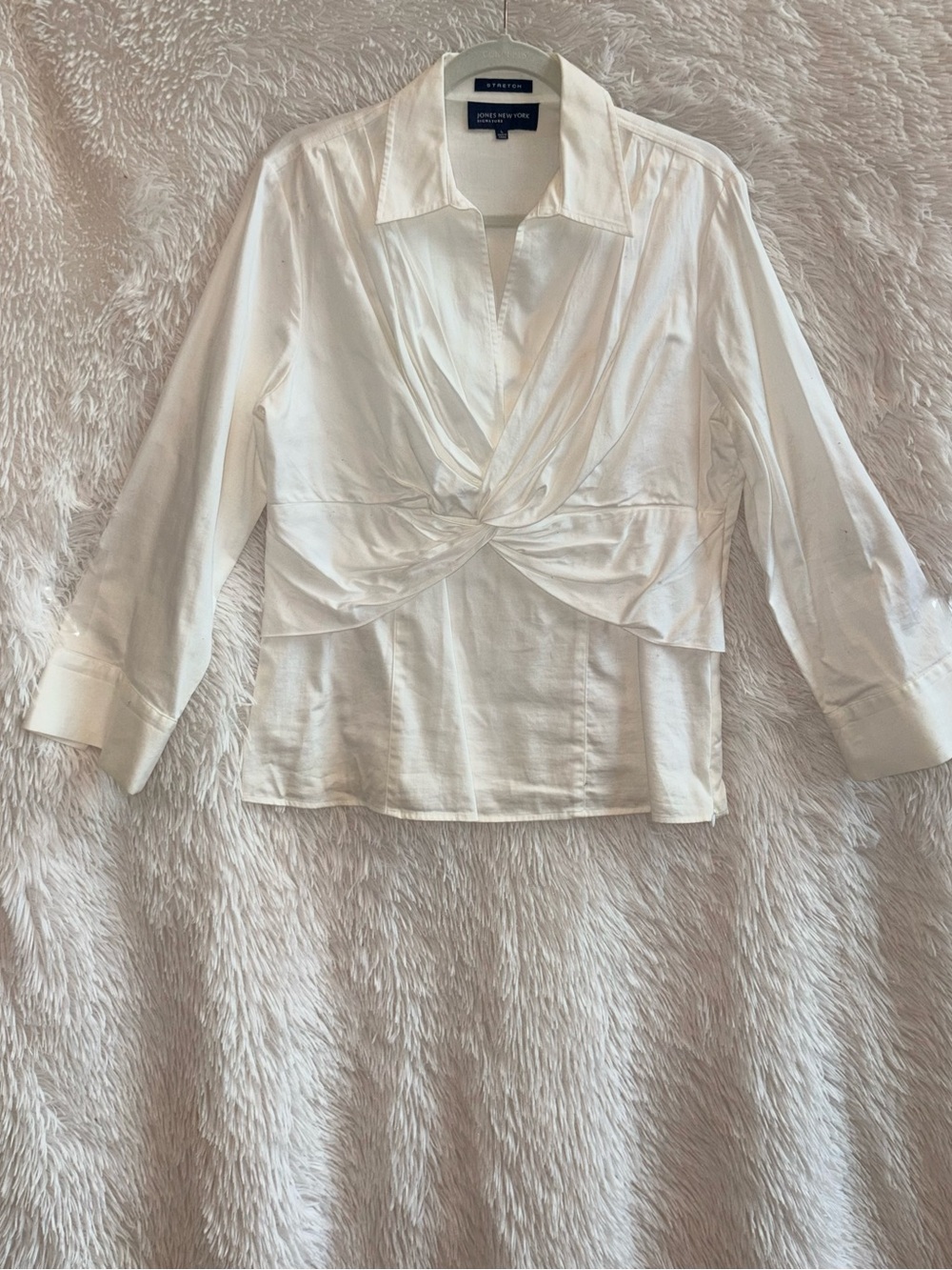 Jones New York Signature White Twist Front V-Neck Stretch Top Blouse Large